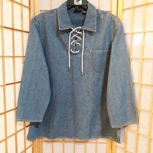 Lizwear Liz Claiborne Blue Tie Neck Denim Blouse Top